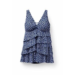 Paradise Bay Swim Dress 14 Blue White Tiered Ruffle Tummy Control